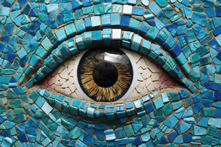 Abstract eye mosaic made of blue tiles and looking at camera. Close up of human eye staring at camera made by blue floor tiles. Artistic concept for vision and perception. Curious, observe. AIG35.の素材
