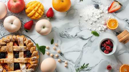 A still life photography featuring a table adorned with bowls of fruit, eggs, flour, and a pie. This composition showcases the ingredients for a delicious recipe AIG50の素材