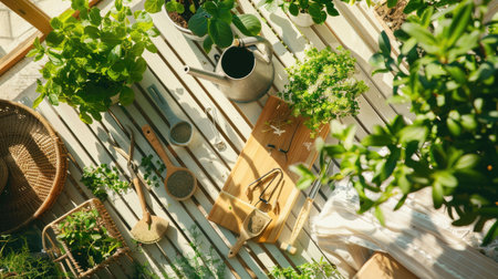 A table adorned with potted plants, gardening tools, and surrounded by lush greenery creates a tranquil and inviting atmosphere AIG50の素材