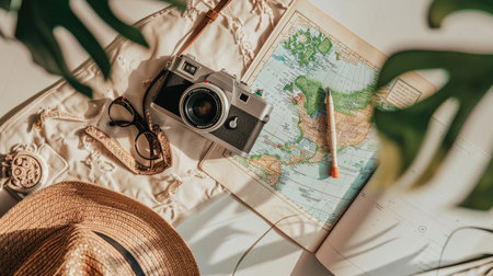 Artistic arrangement of a backpack, hat, camera, book, and map on a table. The visual arts composition includes patterns and textures, creating a unique and aesthetic display AIG50の素材