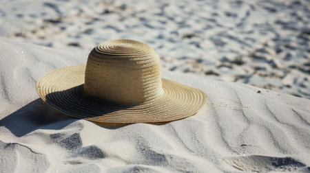 The hat rests on the sandy beach by the waters edge, under the warm sunlight. The fluid waves gently kiss the shore, creating a peaceful landscape with a wooden horizon AIG50の素材