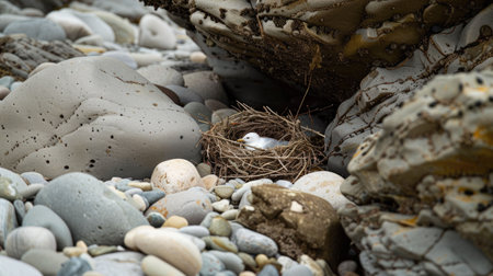 A seabird with a sharp beak, part of the Charadriiformes order, is perched on a rock nest made of natural materials on the bedrock soil landscape AIG50の素材