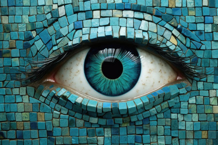 Abstract eye mosaic made of blue tiles and looking at camera. Close up of human eye staring at camera made by blue floor tiles. Artistic concept for vision and perception. Curious, observe. AIG35.の素材