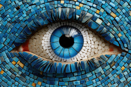 Abstract eye mosaic made of blue tiles and looking at camera. Close up of human eye staring at camera made by blue floor tiles. Artistic concept for vision and perception. Curious, observe. AIG35.の素材