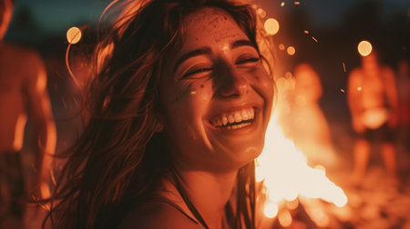 A woman with a big smile on her face stands in front of a string of lights at a fun event. Her eyes are full of happiness as she poses for flash photography AIG50の素材