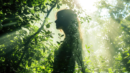 The picture of the young or adult female human doing the standing pose for relaxation or meditating the mind in the middle of the nature under bright sun in the daytime of a dawn or dusk day. AIGX03.の素材
