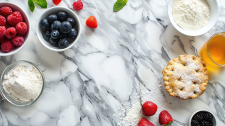 A still life photography featuring a table adorned with bowls of fruit, eggs, flour, and a pie. This composition showcases the ingredients for a delicious recipe AIG50の素材