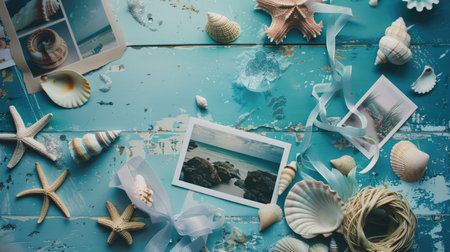 A circular wooden table adorned with aqua seashells and a picture of a beach scene. The combination of natural elements and coastal imagery creates a soothing and inviting atmosphere in the room AIG50の素材