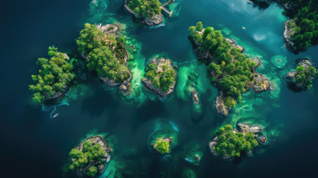 A breathtaking aerial view of a cluster of small islands surrounded by crystal clear water in the center of a serene lake, showcasing the beauty of natural landscape and marine biology AIG50の素材