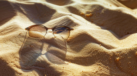 A fashionable pair of sunglasses made of transparent material sits atop a pile of sand on a beach, providing vision care and protection from the bright sunlight AIG50の素材