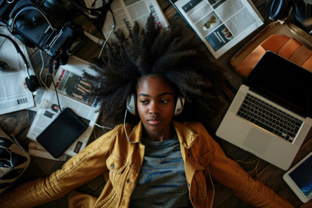 The top view of picture that about young african american human laying down and listening to the music and focused in the full of the thought and music with room that surrounded with devices. AIGX03.の素材