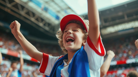 A happy fan is grinning and waving a flag in a stadium, expressing his joy and excitement. AIG41の素材