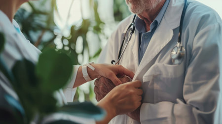 Smart doctor taking care a patient while investigate symptom. Skilled doctor wearing lab coat at clinic. Doctor takes the patients medical history, listening intently to concerns and symptoms. AIG42.の素材