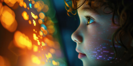 Portrait of cute young girl eye looking at far away place with blurring background. Close up of elementary student staring at something while put face near camera. Focus on eye. Attractive. AIG42.の素材