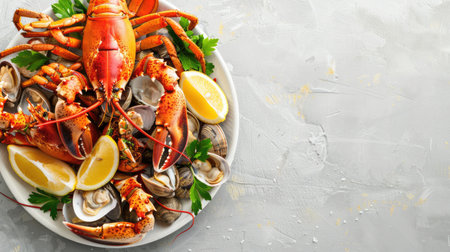 A dish of seafood featuring lobsters, shrimp, clams, and lemon slices presented on a table with exquisite tableware and garnished with leafy vegetables AIG50の素材