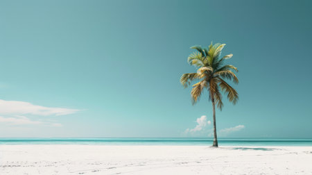 A palm tree stands on the sandy beach near the vast ocean, under a clear blue sky with fluffy clouds, adding to the beautiful coastal natural landscape AIG50の素材
