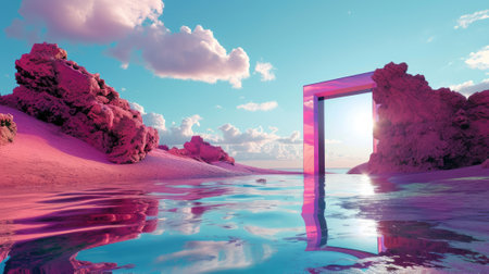 A metallic pink square portal in the middle of the clear river that connected to the ocean that surrounded with a pile of the pink sand and pink desert under the cloudy sky in the sunny day. AIGX03.の素材