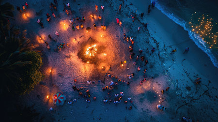 A circle of people gathers around a fire, seeking heat and comfort in the snowy landscape. The darkness enhances the art of the flames, creating a symmetrical and mesmerizing scene AIG50の素材
