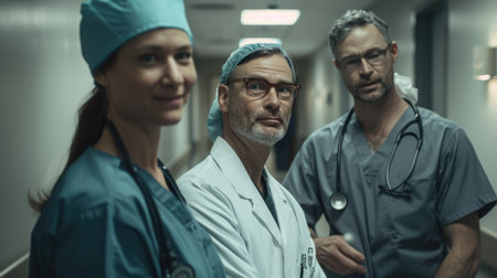 Three doctors in scrubs and lab coats in a hospital hallway. AIG51A.の素材