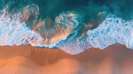 A breathtaking aerial view of a wave crashing against a mountain at sunset, showcasing the unique combination of water, heat, and geological phenomenon in the natural landscape AIG50の素材
