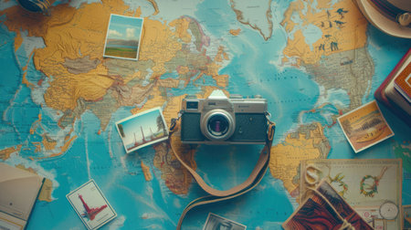 An intricate map of the world is elegantly displayed on a wooden table. The intricate patterns and font create a beautiful piece of art AIG50の素材