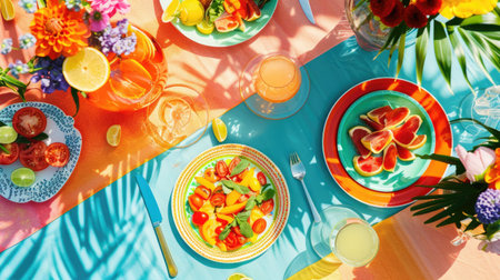An intricate table setting with colorful dishware and drinks arranged in a circular pattern, resembling a painting of a vibrant aquatic organism AIG50の素材
