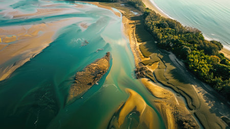 An electric blue watercourse winds through a verdant forest, creating a mesmerizing natural landscape of lush terrestrial plants and trees from above AIG50の素材