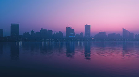 Modern futuristic abstract of minimalistic cityscape with twilight sky. Artistic towering skyscraper background with gradient sky in evening time while people turning on the light in tower. AIG42.の素材