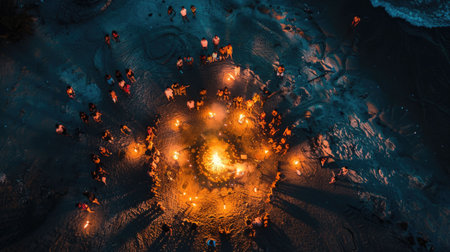 A circle of people gathers around a fire, seeking heat and comfort in the snowy landscape. The darkness enhances the art of the flames, creating a symmetrical and mesmerizing scene AIG50の素材