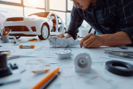 Close up of smart mechanic or technician hands designing and inventing vehicle part by using technology innovation. Skilled mechanical engineer planning and writing blueprint and motor design. AIG42.の素材