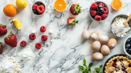 A still life photography featuring a table adorned with bowls of fruit, eggs, flour, and a pie. This composition showcases the ingredients for a delicious recipe AIG50の素材
