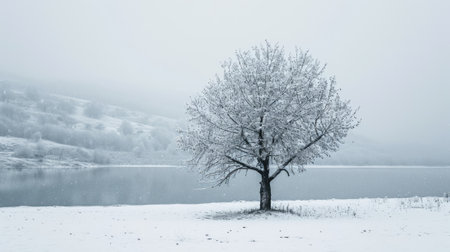 The picture of the single tree that has been covered with white snow in the middle of the empty snow land in the winter season and light from the sun can make everything bright clear on land. AIGX03.の素材