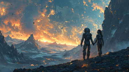 The side view of the couple of human and robot that has traveling to the various place on the land but yet it looks like couple still trying to find a love and next target of the exploration. AIGX03.の素材