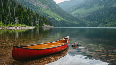 A red canoe is docked on the shore of a picturesque lake with majestic mountains towering in the background, surrounded by a serene natural landscape under a cloudy sky AIG50の素材