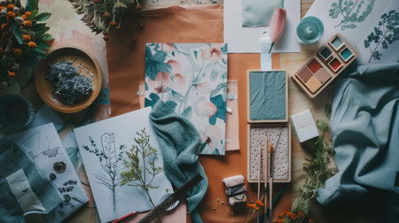 A fusion of pictures and fabrics on a wall creates a stunning collage of art. Electric blue petals, flowers, and paper products add a unique touch to the facade AIG50の素材