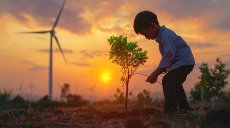 Happy children planting a tree surrounded with wind mill and sitting. Attractive elementary student growing a tree in the garden. Environmental saving world concept. Sustainable energy. AIG42.の素材