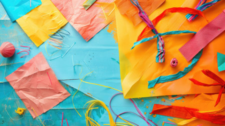 Various types of kites made of textile materials in orange, red, and electric blue colors are displayed on the table. They feature different patterns, triangles, lines, and artistic paint designsの素材