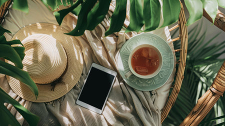 A hammock made from terrestrial plant fibers, under a tree on the beach, with a straw hat, a book, a cell phone, and a glass of orange juice AIG50の素材