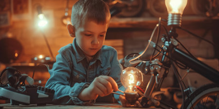Energetic elementary student inventing light bulb and bicycle at house. Attractive curious child and boy looking at bulb while thinking about creative idea with blurring background. Science. AIG42.の素材