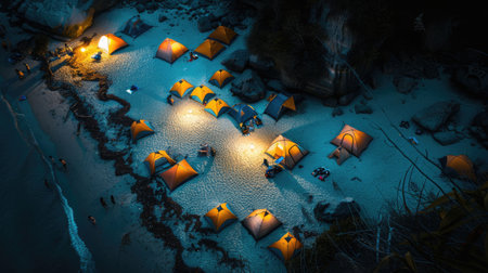 A captivating aerial view of a beach at night with a string of lanterns illuminating the waters edge, creating a magical atmosphere under the cover of darkness AIG50の素材