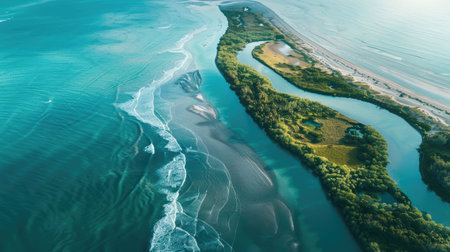 An electric blue watercourse winds through a verdant forest, creating a mesmerizing natural landscape of lush terrestrial plants and trees from above AIG50の素材