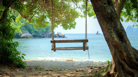 A wooden swing hangs from a tree on a beach, overlooking the water with boats sailing in the distance under a sky dotted with fluffy clouds AIG50の素材