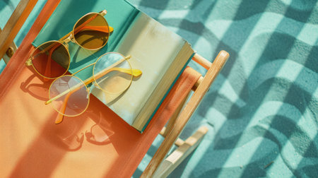 An open book and glasses in Electric blue frames are placed on a wooden chair. The contrast between the Azure chair and Aqua glass creates a visually appealing scene, perfect for art lovers AIG50の素材