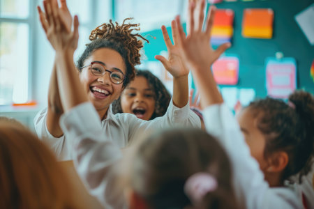 Happy smart teacher talking or making group discussion with diverse student at bright classroom. Attractive instructor smiling to multicultural learner and teaching a lesson. Education concept. AIG42.の素材