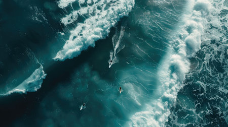 A group of surfers are gliding on an azure wave in the electric blue ocean, surrounded by liquid beauty of the natural landscape AIG50の素材