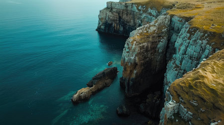 A stunning aerial view of a cliff by the ocean, where the fluid water meets the natural landscape, creating a picturesque and tranquil scene under the open sky AIG50の素材