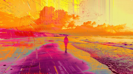 A beautiful painting depicting a peaceful sunset over a tranquil body of water, with vibrant red and orange hues reflecting in the sky and water AIG50の素材