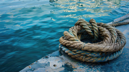 A rope is tethered to a rock by the fluid landscape of water, swaying with each wind wave. The electric blue waves create a mesmerizing art event AIG50の素材