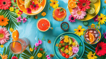 An intricate table setting with colorful dishware and drinks arranged in a circular pattern, resembling a painting of a vibrant aquatic organism AIG50の素材