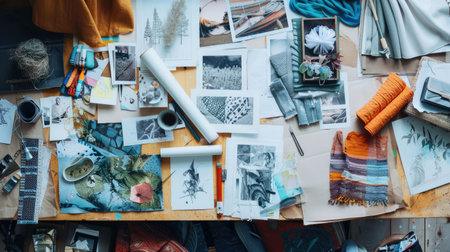 A fusion of pictures and fabrics on a wall creates a stunning collage of art. Electric blue petals, flowers, and paper products add a unique touch to the facade AIG50の素材